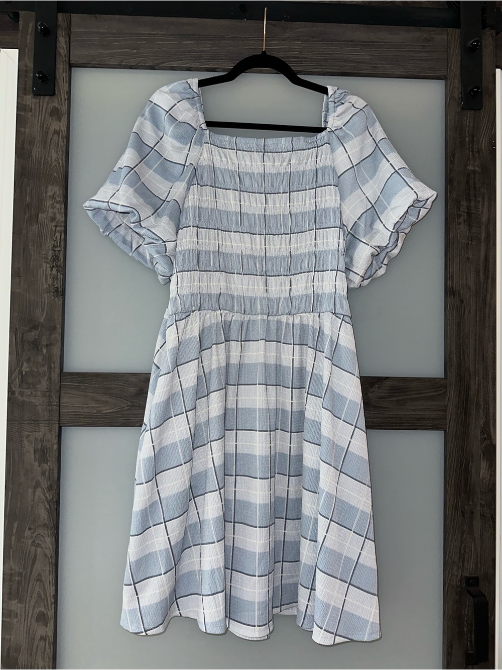 Light Blue Plaid Smocked Square Neck puff sleeve Dress - Lularoe “Alina”